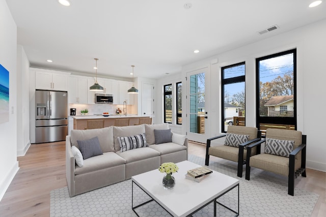 living room featuring light hardwood / wood-style floors and sink