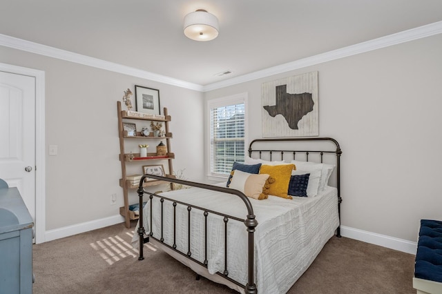 carpeted bedroom featuring crown molding