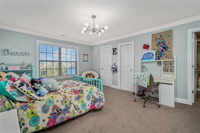 carpeted bedroom featuring multiple closets, ornamental molding, and a chandelier