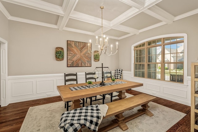 dining space with coffered ceiling, ornamental molding, a notable chandelier, beam ceiling, and dark hardwood / wood-style flooring