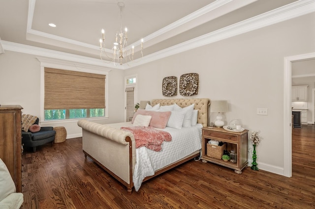 bedroom featuring a raised ceiling, crown molding, dark hardwood / wood-style flooring, and a notable chandelier