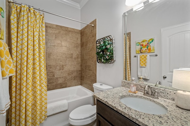 full bathroom with shower / bathtub combination with curtain, vanity, toilet, and ornamental molding