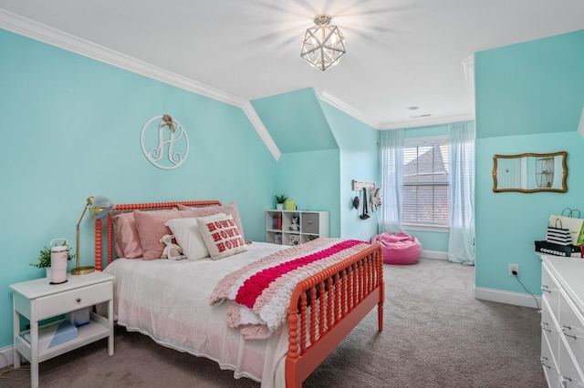 carpeted bedroom with crown molding and lofted ceiling