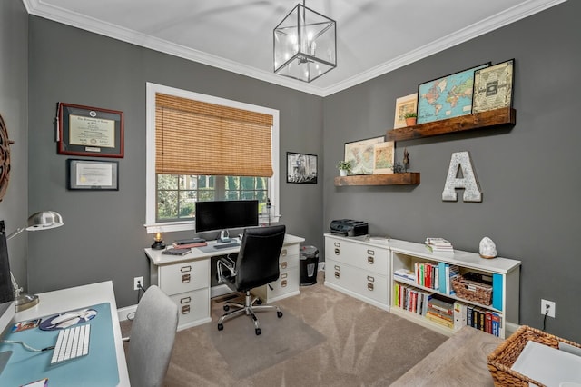 carpeted office space with crown molding and an inviting chandelier