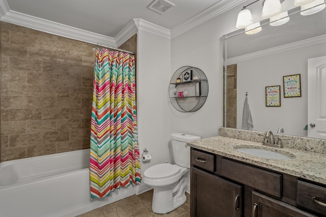 full bathroom with crown molding, shower / tub combo with curtain, vanity, and toilet