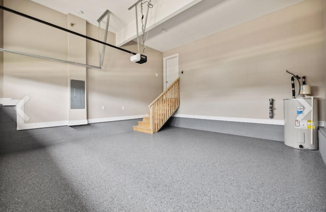 garage featuring electric panel, concrete block wall, a garage door opener, and water heater