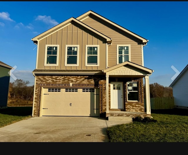 craftsman-style house with an attached garage, concrete driveway, board and batten siding, and brick siding