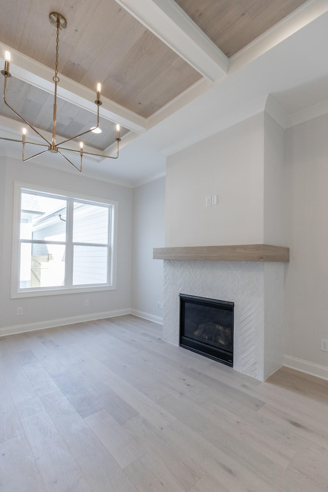 unfurnished living room with beamed ceiling, baseboards, and a fireplace