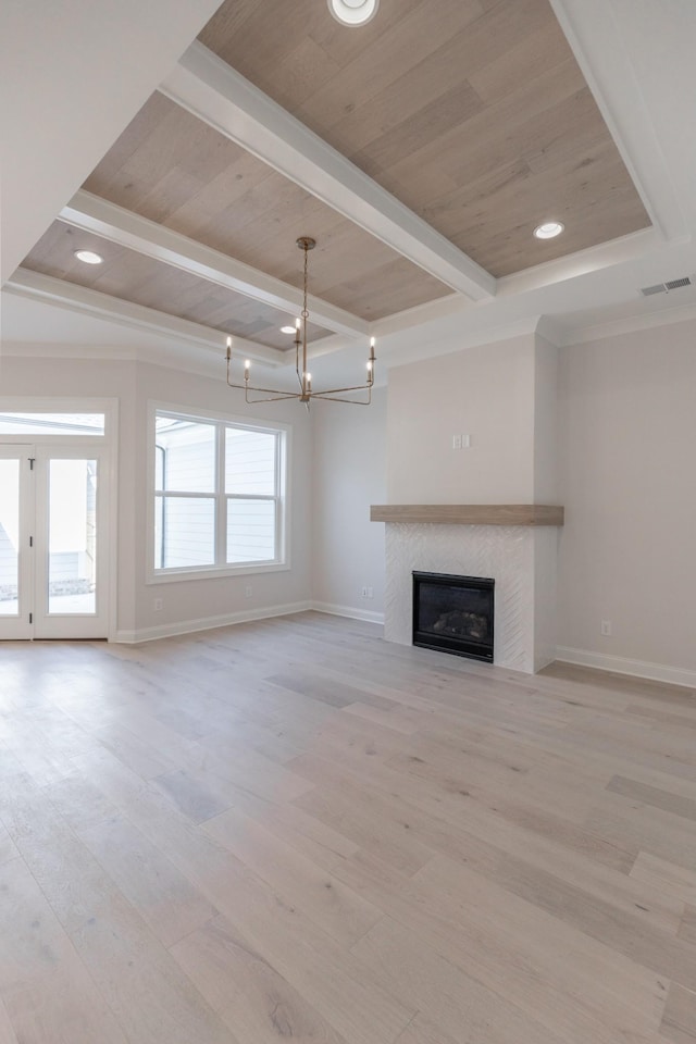 unfurnished living room with visible vents, baseboards, beamed ceiling, and a glass covered fireplace