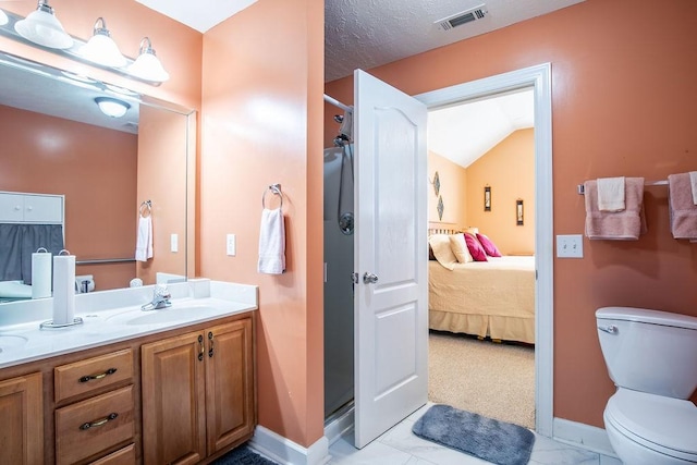 bathroom featuring vanity, a shower, vaulted ceiling, toilet, and a textured ceiling