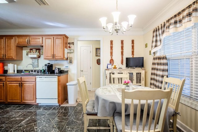 kitchen with an inviting chandelier, white dishwasher, sink, ornamental molding, and decorative light fixtures