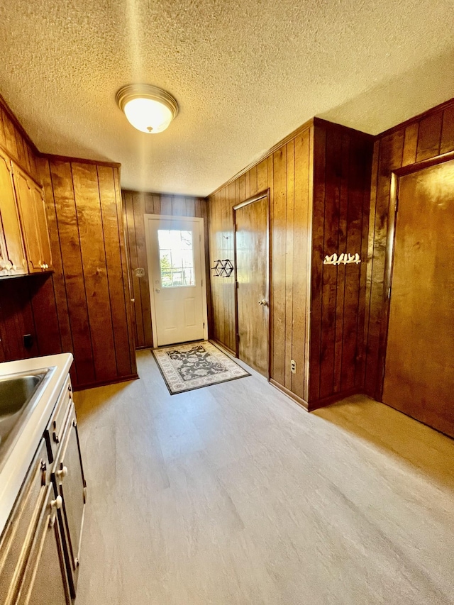 interior space featuring sink, a textured ceiling, wooden walls, and light carpet