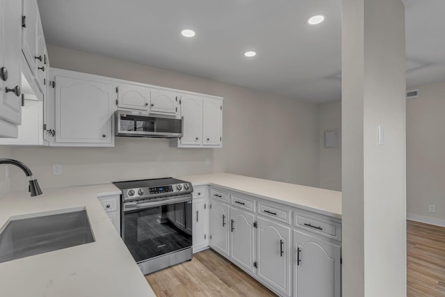 kitchen featuring sink, stainless steel appliances, kitchen peninsula, white cabinets, and light wood-type flooring