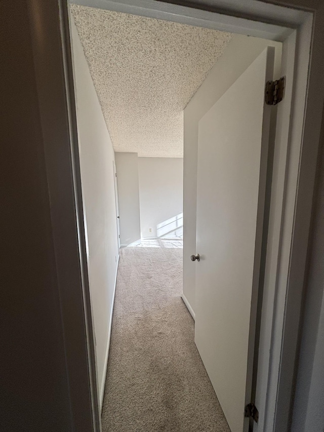 hall featuring light carpet and a textured ceiling