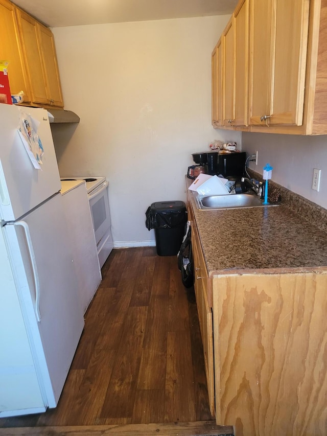 kitchen featuring dark hardwood / wood-style flooring, white appliances, sink, and light brown cabinetry