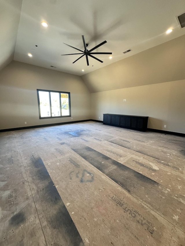 additional living space featuring recessed lighting, visible vents, vaulted ceiling, and baseboards