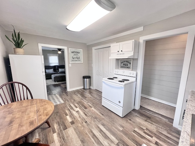 kitchen with white cabinetry, electric range, and dark wood-type flooring