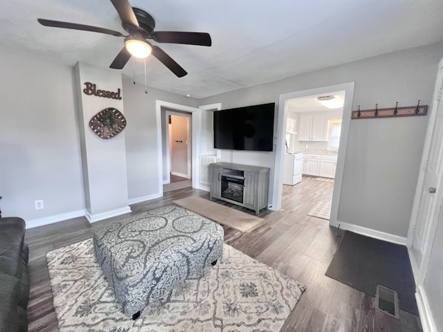 living room with ceiling fan and wood-type flooring