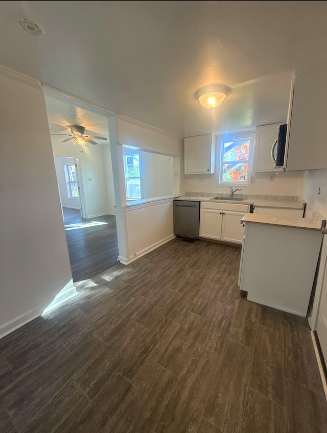 kitchen with white cabinets, sink, ceiling fan, dark hardwood / wood-style flooring, and stainless steel appliances