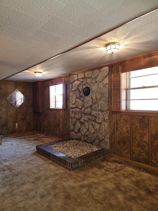 basement with carpet, a textured ceiling, and wooden walls