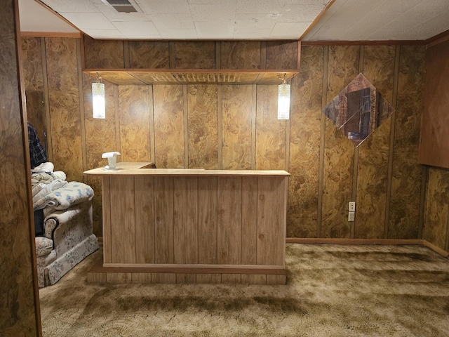 bar with carpet, hanging light fixtures, and wooden walls