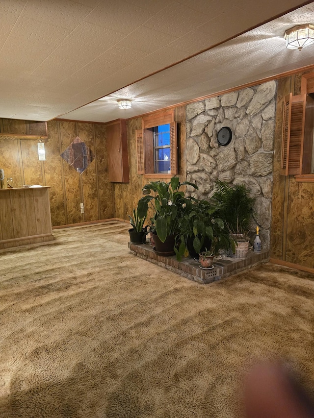 basement with carpet flooring, wood walls, and a textured ceiling