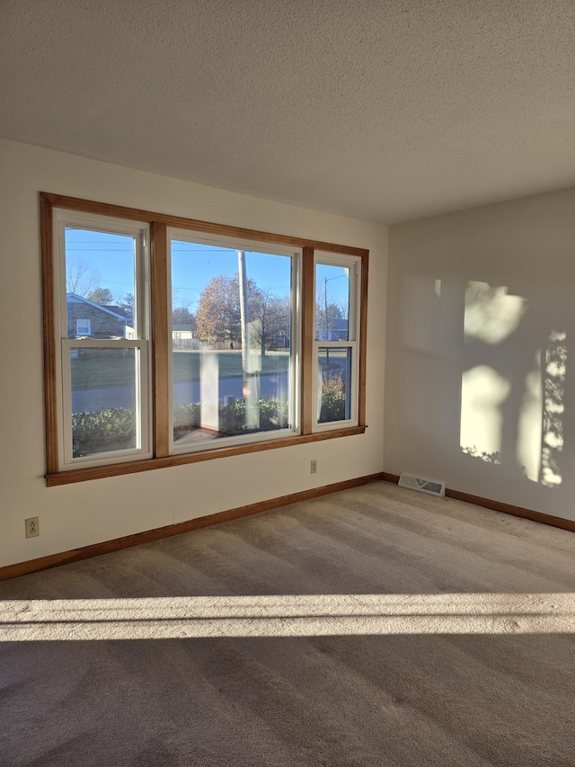 carpeted spare room with a textured ceiling, a water view, and a wealth of natural light