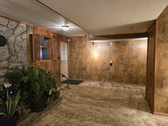 basement with carpet, a textured ceiling, and wooden walls