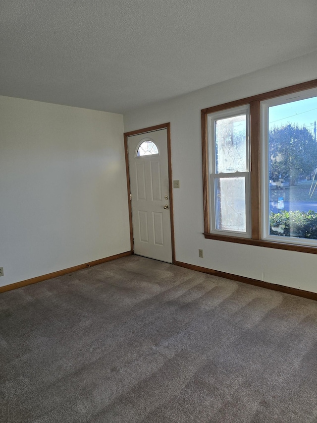 carpeted foyer featuring a textured ceiling