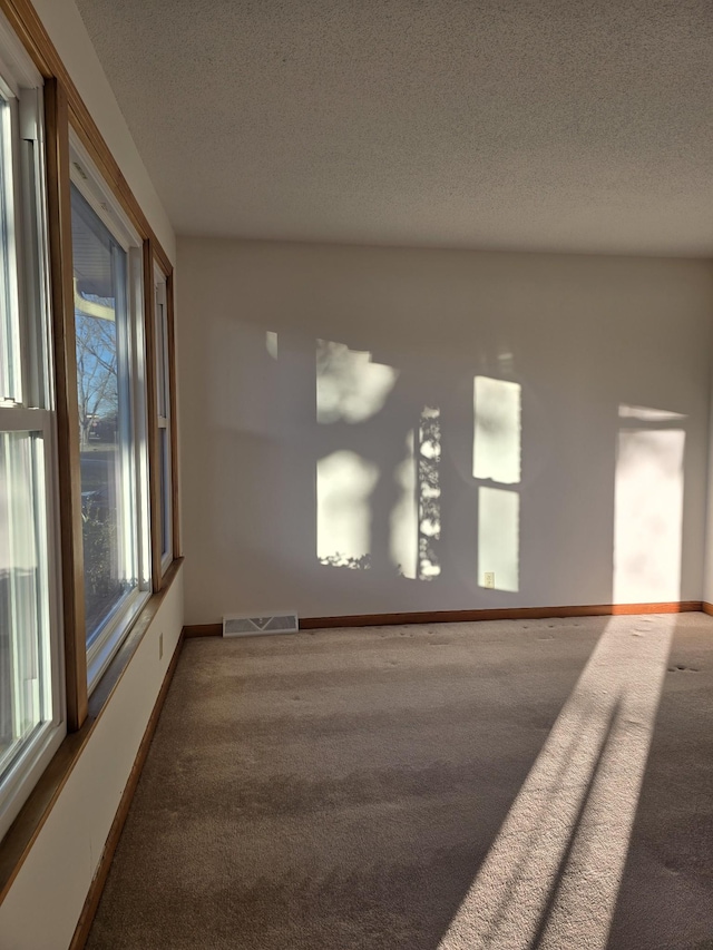 unfurnished room with a textured ceiling and carpet floors