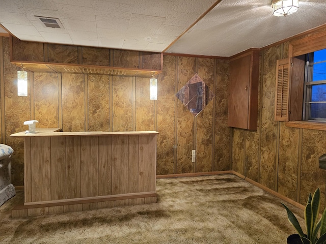 bar featuring decorative light fixtures, wood walls, and carpet floors