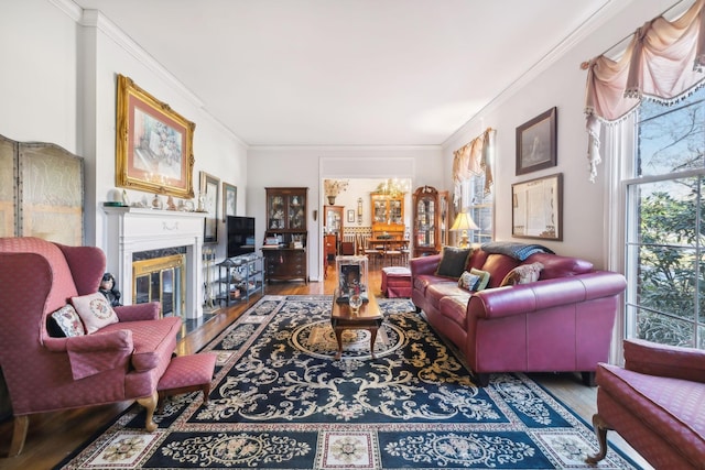 living room featuring a fireplace, wood-type flooring, and ornamental molding