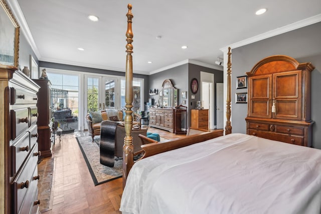 bedroom featuring french doors, crown molding, access to outside, and light parquet floors