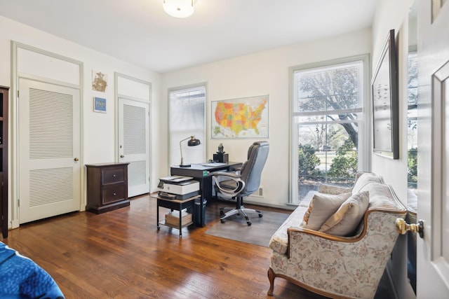 home office featuring a wealth of natural light and dark hardwood / wood-style floors