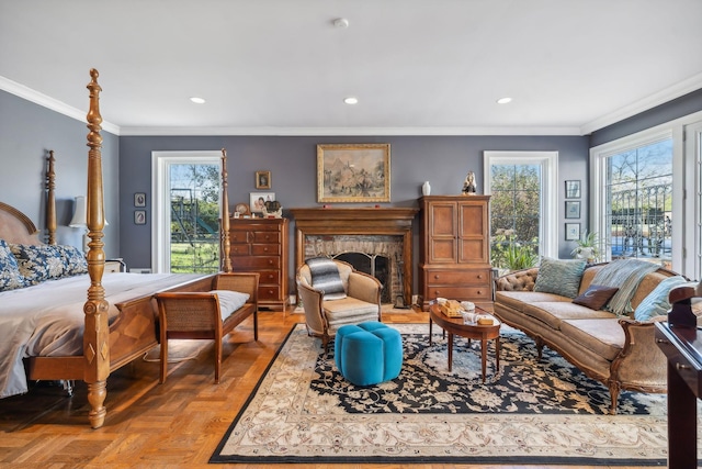 bedroom with parquet flooring, ornamental molding, and multiple windows