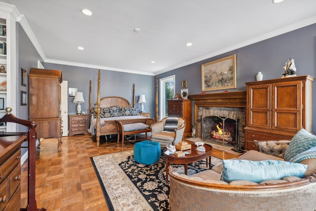 bedroom featuring light parquet flooring and ornamental molding