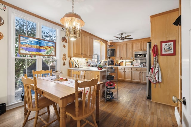 dining area with ceiling fan with notable chandelier and wood-type flooring