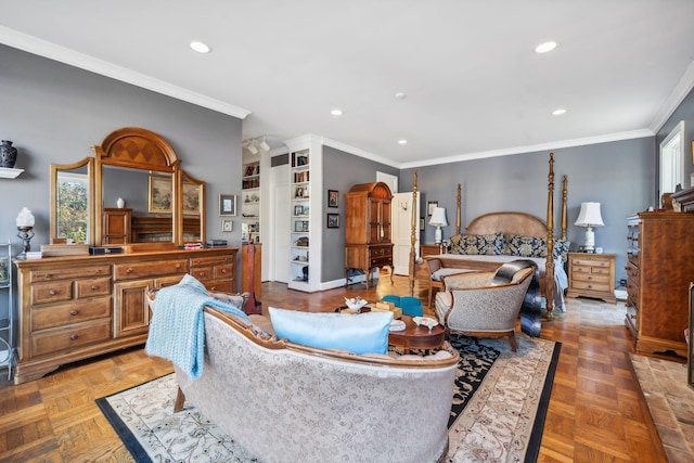 bedroom featuring parquet floors, ornamental molding, and multiple windows