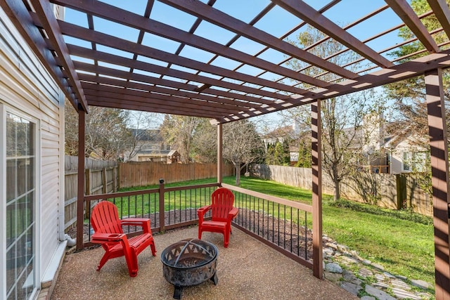 view of patio with a pergola and an outdoor fire pit