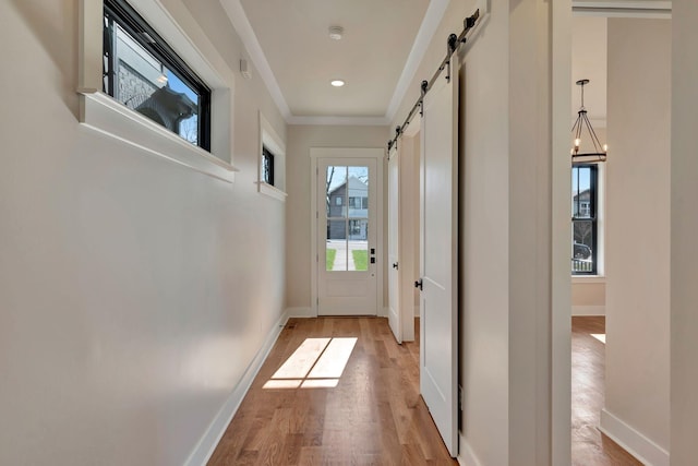 entryway featuring crown molding, a wealth of natural light, light hardwood / wood-style floors, and a barn door