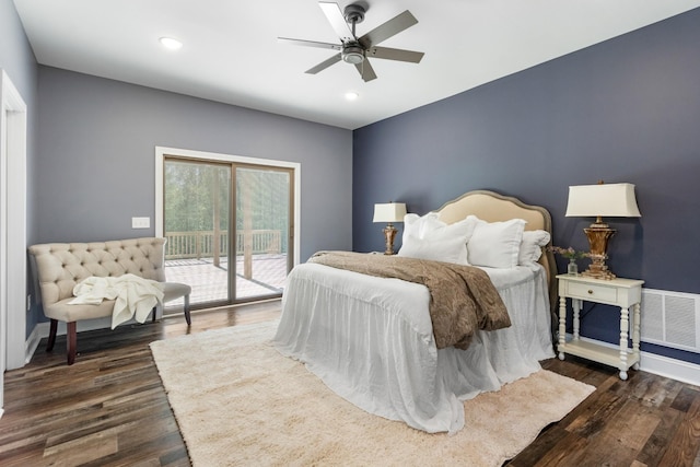 bedroom with access to outside, ceiling fan, and dark wood-type flooring