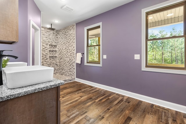 bathroom featuring sink, wood-type flooring, and walk in shower