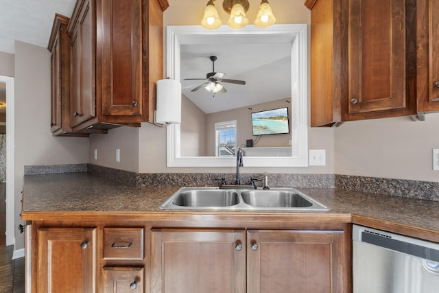 kitchen with stainless steel dishwasher, ceiling fan, lofted ceiling, and sink