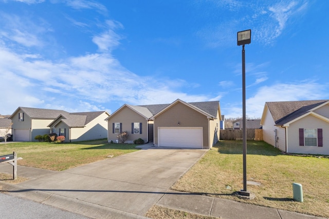 single story home with a garage and a front lawn