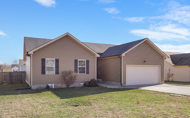 single story home featuring a front yard and a garage