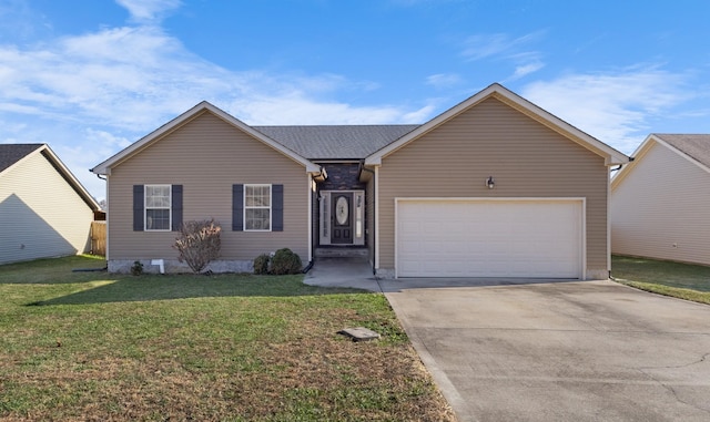 ranch-style house featuring a garage and a front yard