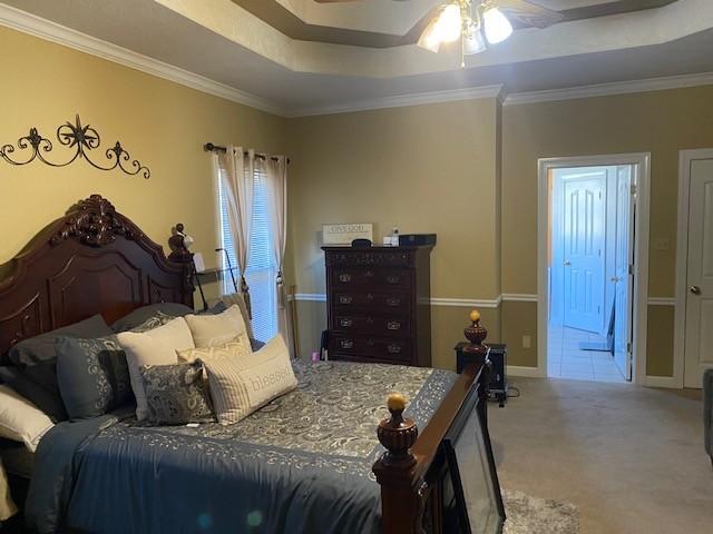 carpeted bedroom featuring a tray ceiling, crown molding, and ceiling fan