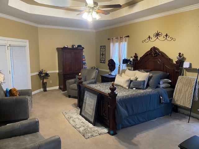 carpeted bedroom with a raised ceiling, ceiling fan, and ornamental molding