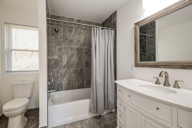 full bathroom with shower / bath combination with curtain, toilet, and vanity