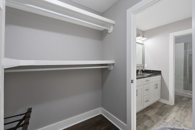 bathroom featuring vanity, wood-type flooring, and a shower with shower door